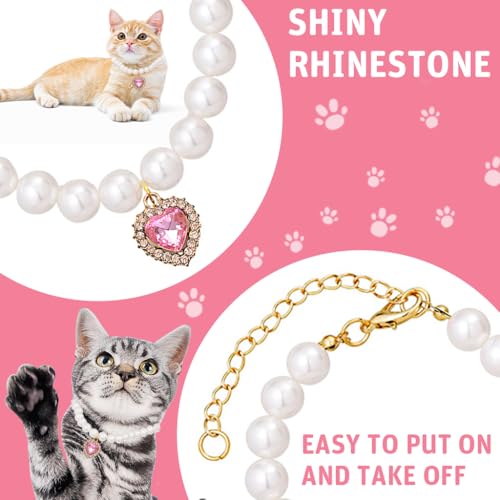 Qpets® Jewelry Cat Collar Pet Necklace with Pink Rhinestone Heart Charm Pearl Adjustable Valentine's Day Gift Puppy Photography Prop M 30-35CM 3PCS Qpets® Jewelry Cat Collar Pet Necklace with Pink Rhinestone Heart Charm Pearl Adjustable Valentine's Day Gift Puppy Photography Prop M 30-35CM 3PCS